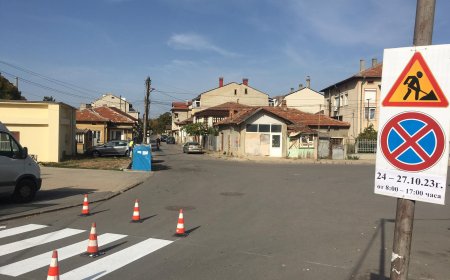 Полагат хоризонтална пътна маркировка на паркинга пред Хуманиранта гимназия