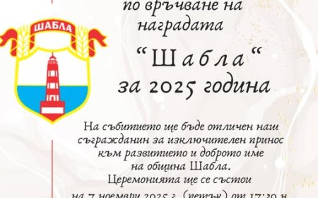 Връчват наградите "Шабла" за 2025 година на 7 ноември