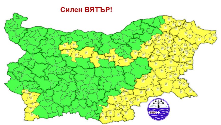 Жълт код за силен вятър е обявен за област Добрич днес