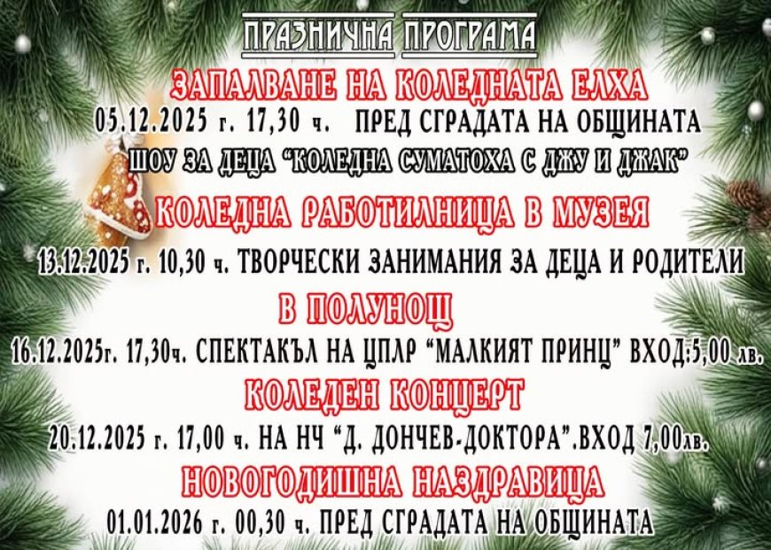 В Тервел палят светлините на коледната елха на 5 декември