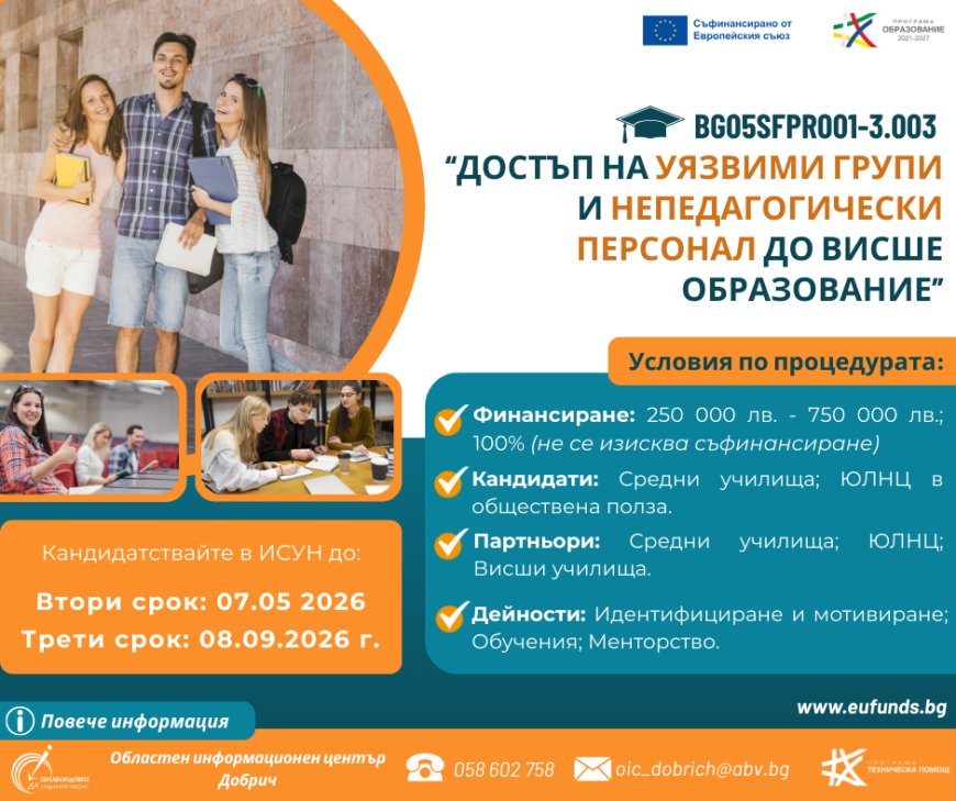 Европейско финансиране за достъп на уязвими групи до висшите училища