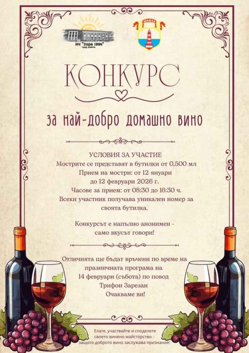 Общината в Шабла и Народно читалище „Зора 1894“ с конкурс за най-добро домашно вино