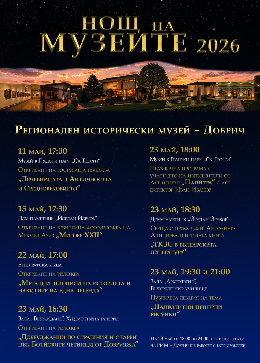 Нощ на музеите 2026 започва с богата програма в Добрич