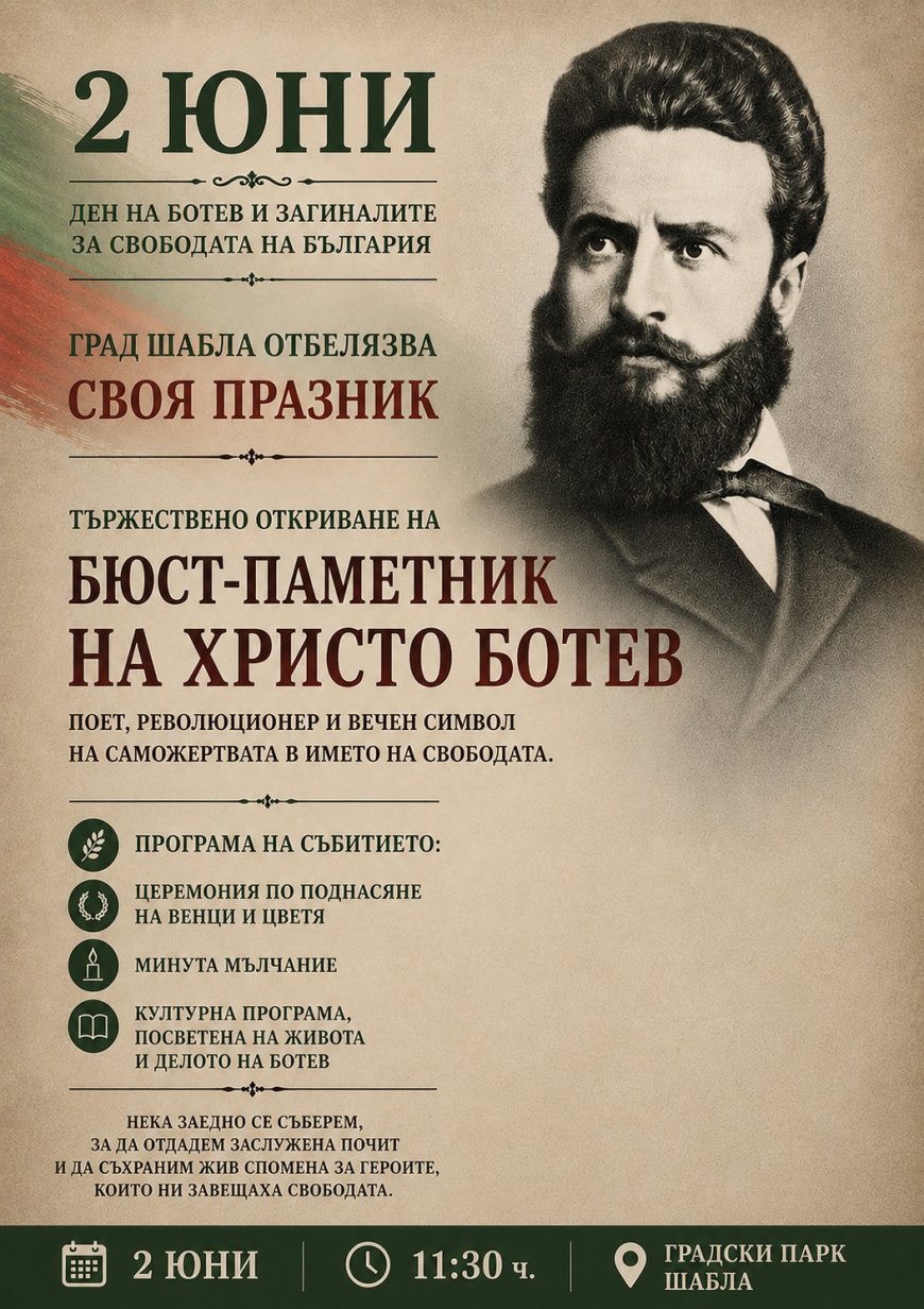 Бюст - паметник на Христо Ботев ще бъде тържествено открит в Шабла