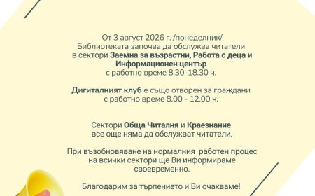 Регионална библиотека „Дора Габе“ в Добрич възобновява обслужването на читатели в част от своите сектори от 3 август