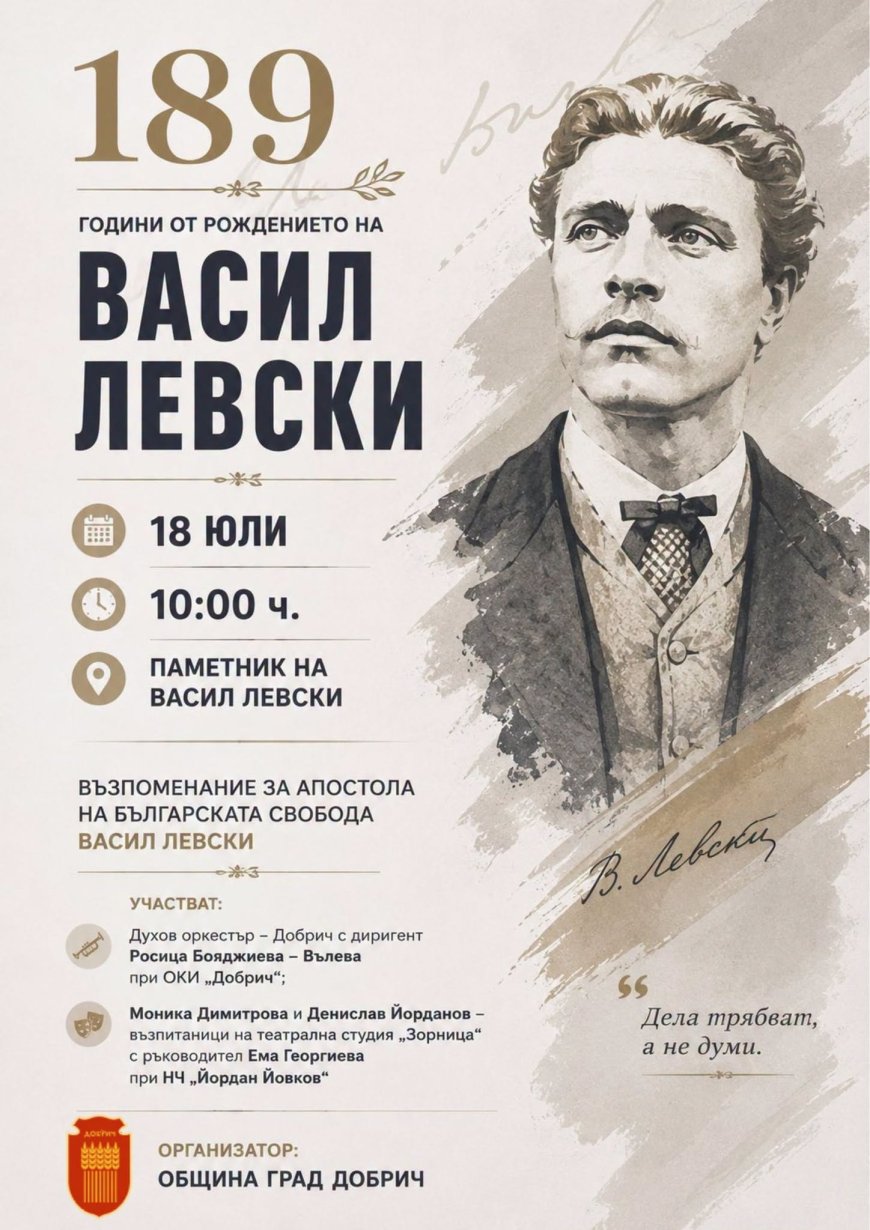 Добрич ще отбележи 189 години от рождението на Васил Левски