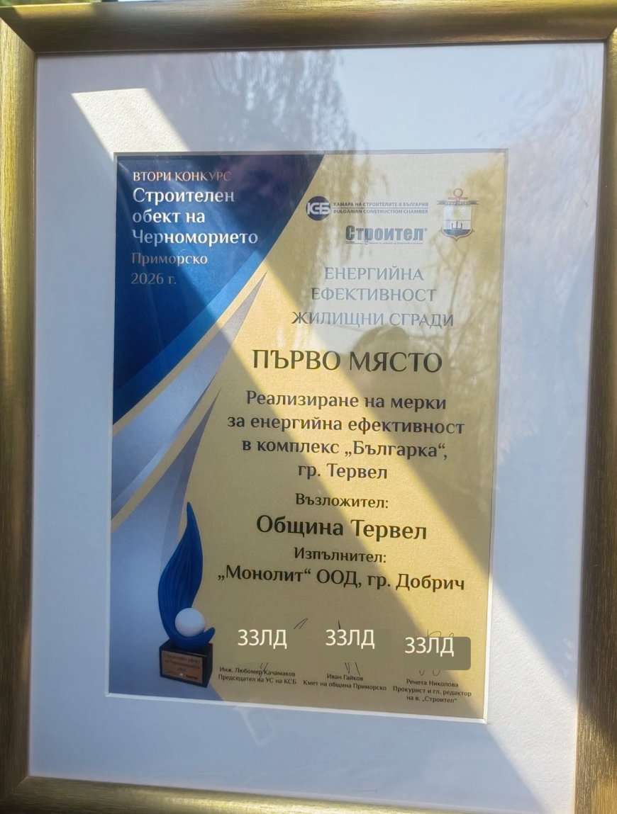 Признание за Община Тервел от Камарата на строителите в България
