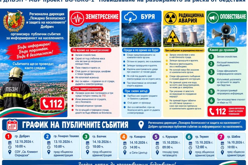 Информационни срещи за действия при бедствия ще се проведат в седем населени места в област Добрич