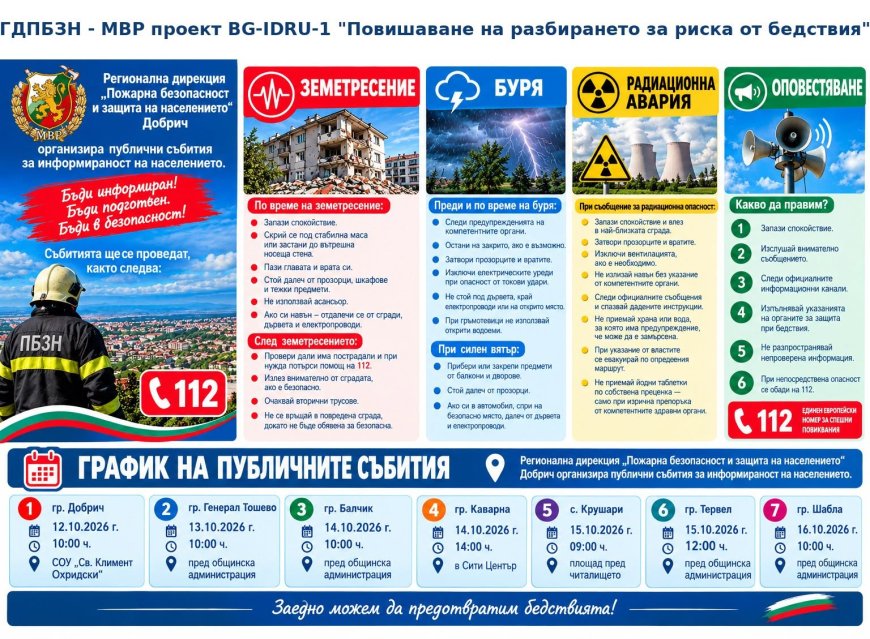 Информационни срещи за действия при бедствия ще се проведат в седем населени места в област Добрич
